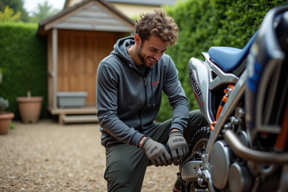 Jeune homme nettoyant la chaine d'une supermoto en extérieur
