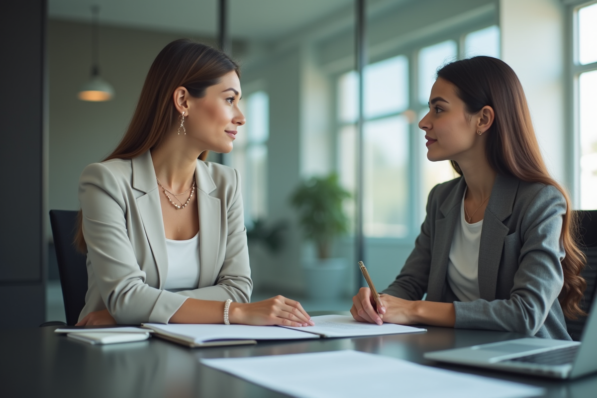 Notaire féminin expliquant des options de prêt immobilier à une cliente