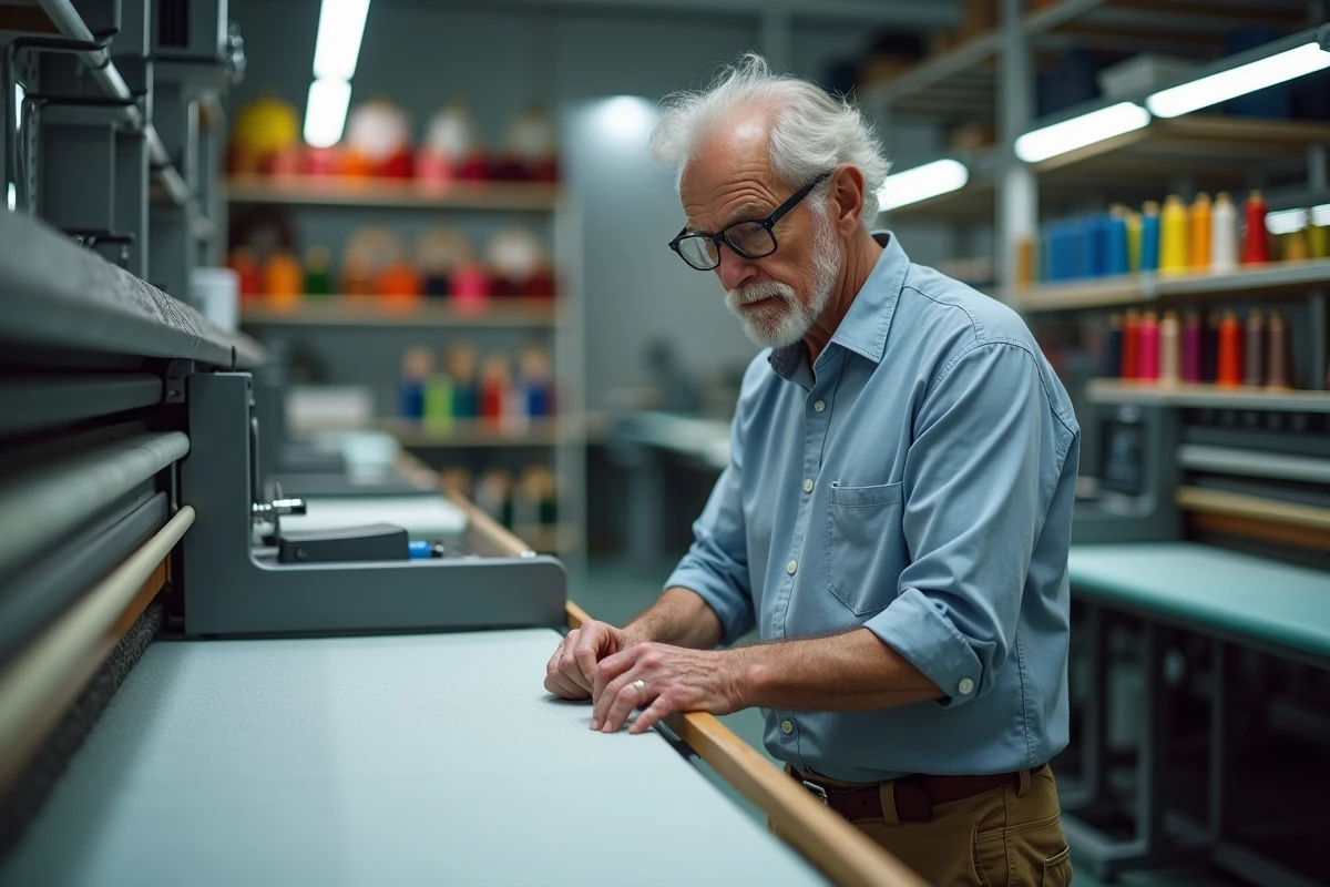 Homme utilisant une machine à tisser dans un atelier moderne