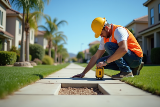 Ouvrier utilisant un niveau digital sur un trottoir en léger affaissement