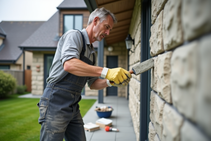 Ouvrier appliquant du plâtre sur une façade moderne