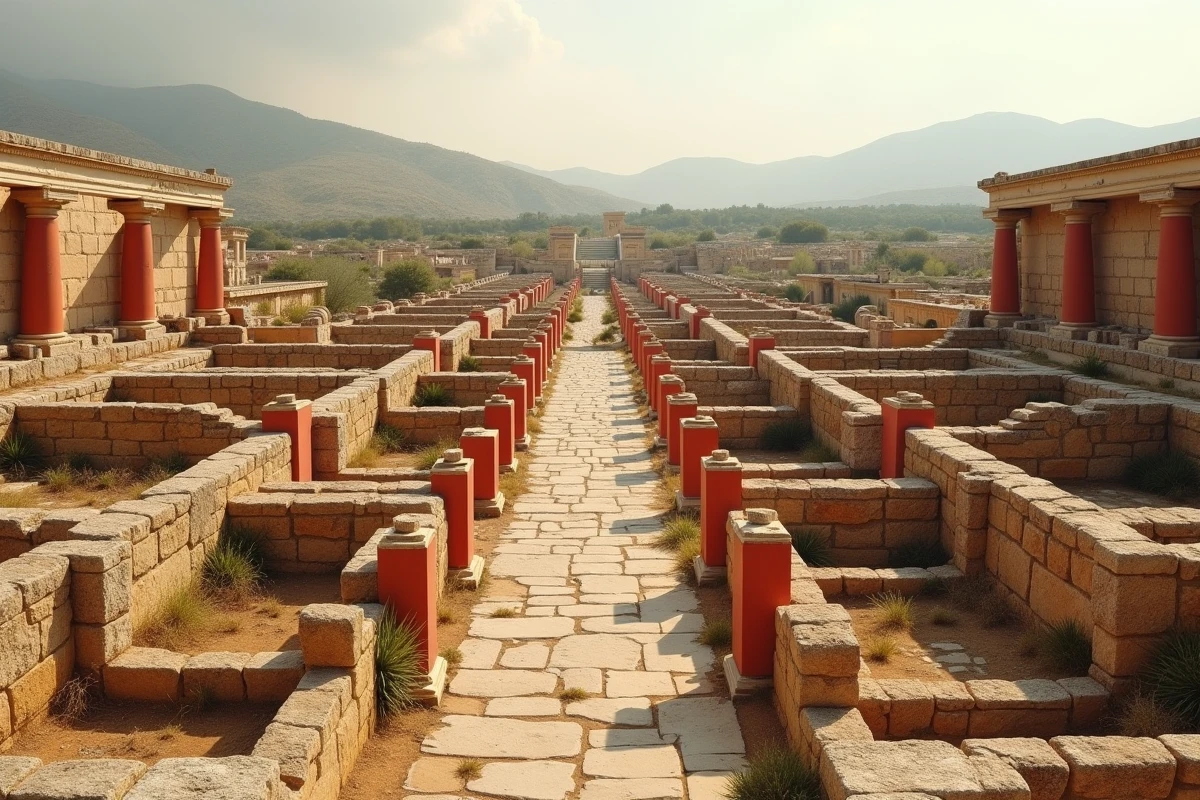 Vue grand angle du palais de Knossos en Crète, site archéologique évocateur du mythe du Labyrinthe