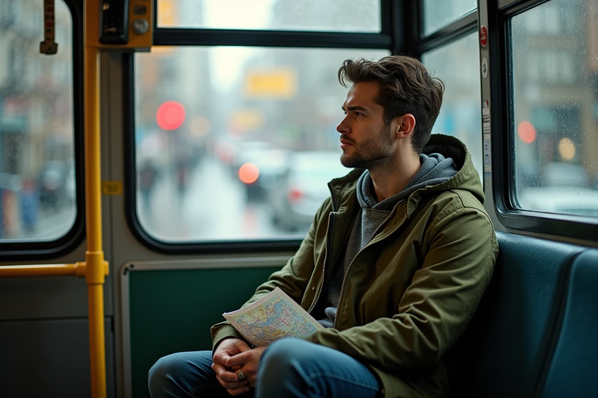 Passager du bus 172 regardant par la fenêtre avec un plan de transport, en cas de retard ou d'alternative