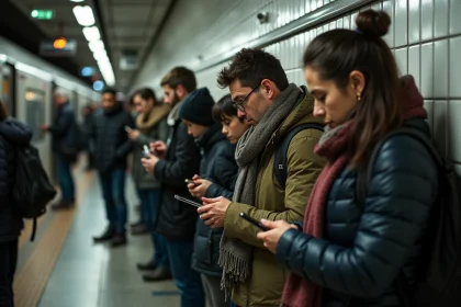 Groupe de passagers dans une station de m&eacute;tro anim&eacute;e