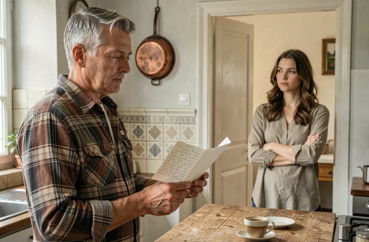 Un père tient une lettre manuscrite et parle à sa fille dans une cuisine familiale au style authentique