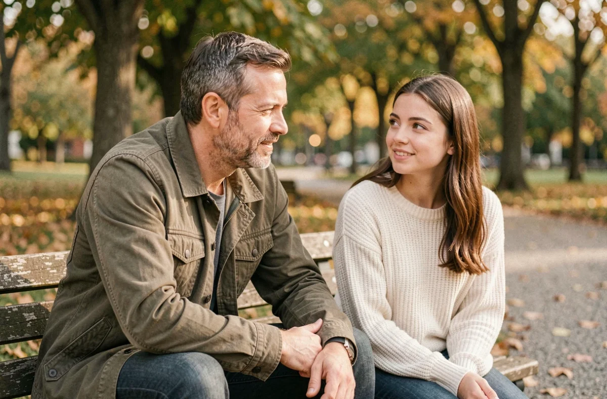 Un père d'âge mûr parle avec tendresse à sa fille adulte assise sur un banc dans un parc en automne