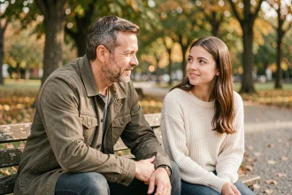 Un père d'âge mûr parle avec tendresse à sa fille adulte assise sur un banc dans un parc en automne