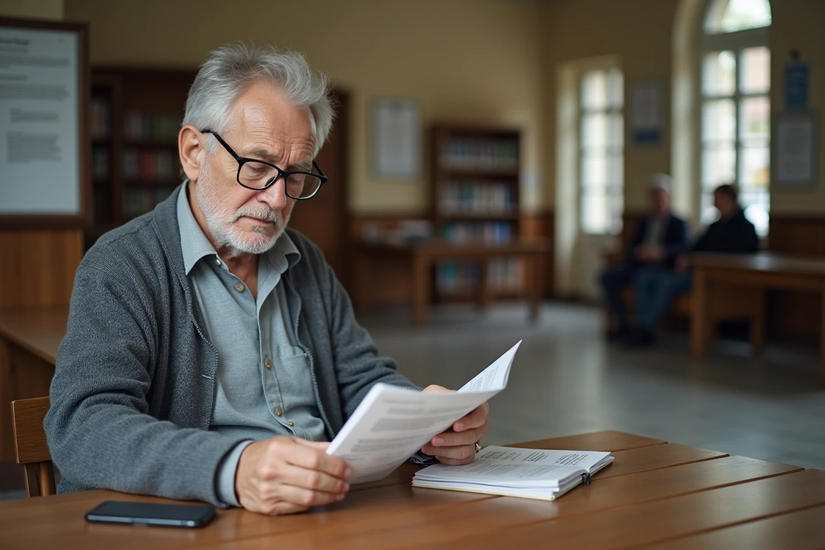 Un homme consulte un document sur les permanences notariales gratuites dans une mairie ou bibliothèque municipale