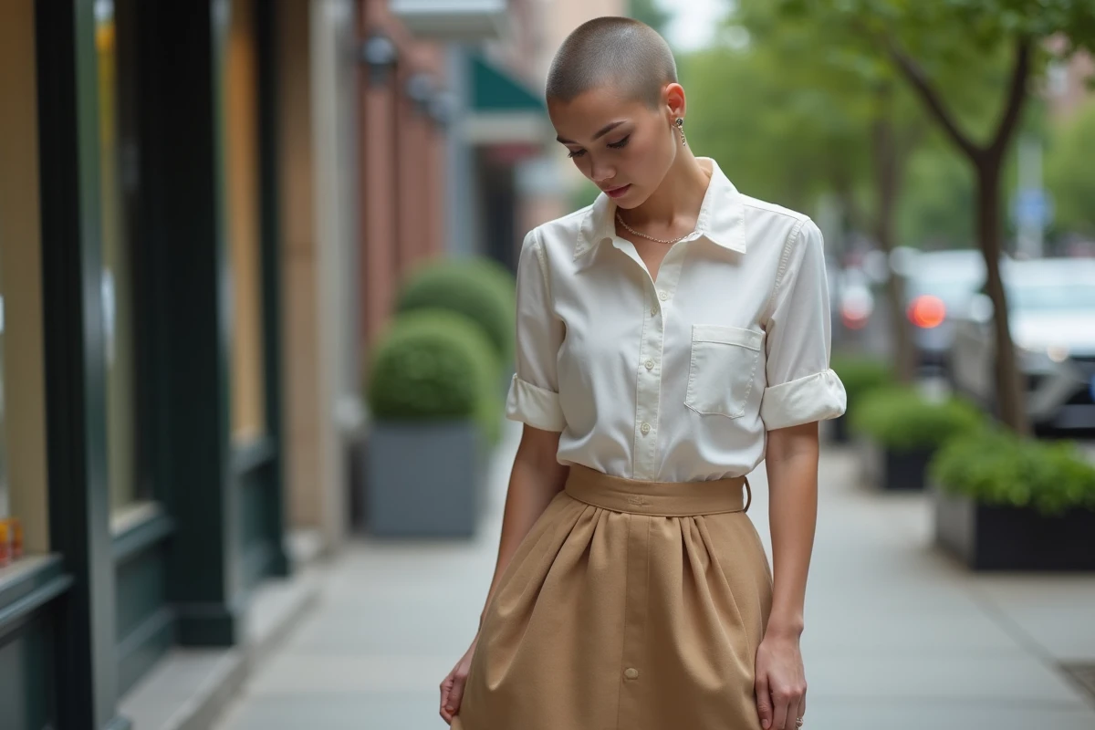 Personne nonbinaire dans la rue portant une jupe simple