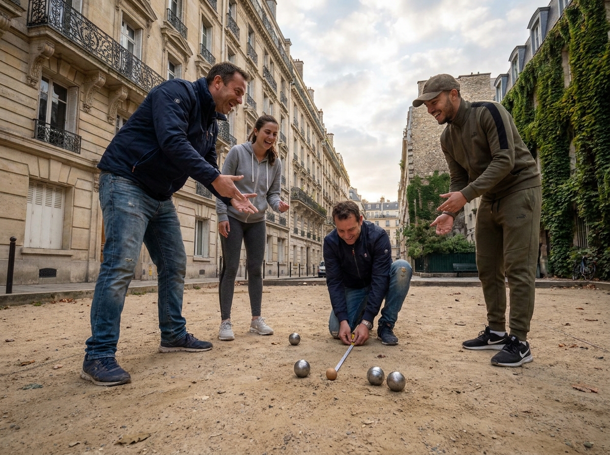 Groupe de personnes jouant à la pétanque en plein air dans le 11e arrondissement de Paris sans abonnement