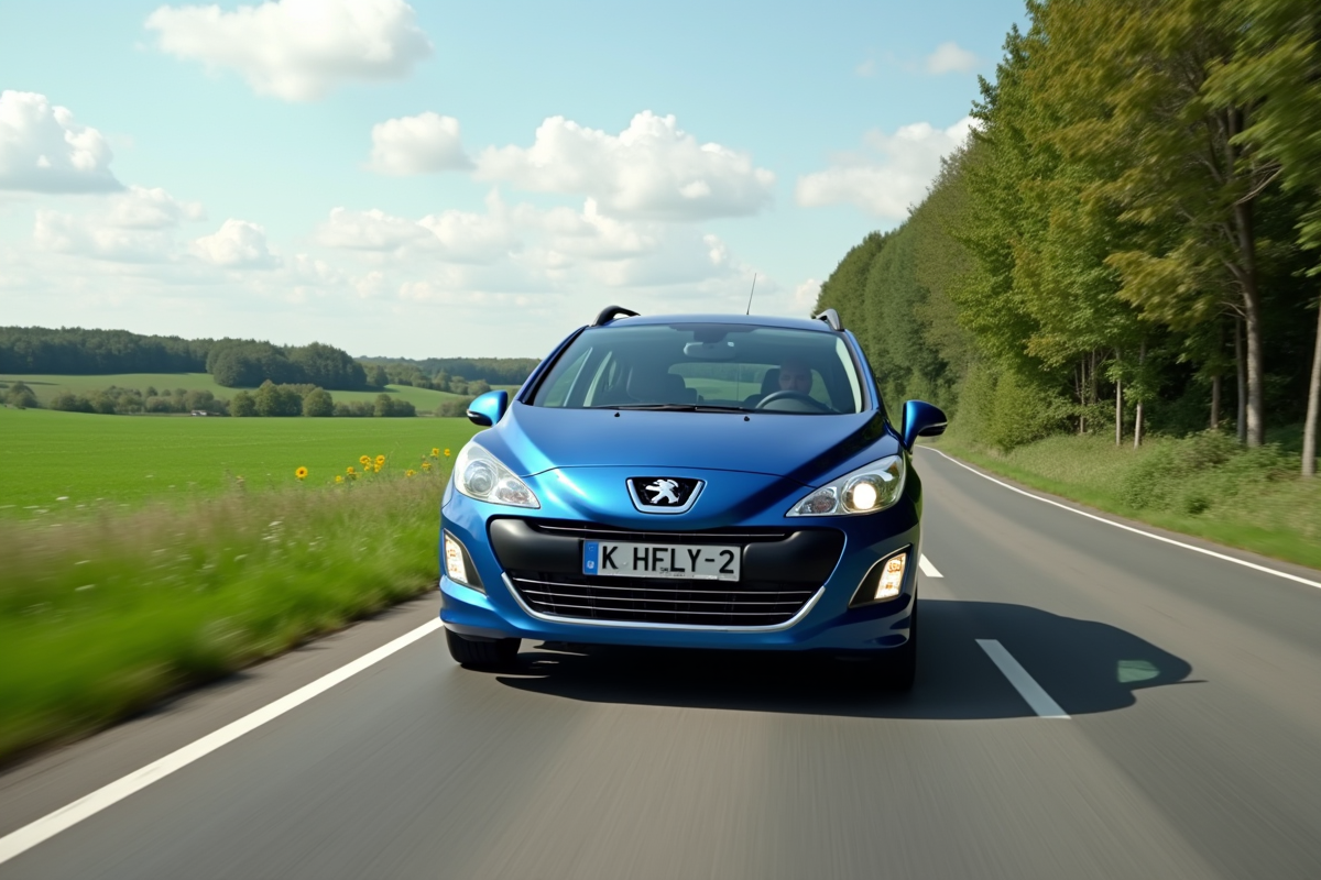 Peugeot 308 break roulant sur route rurale verte en campagne