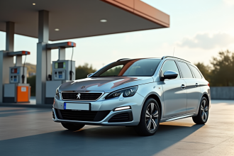 Voiture Peugeot 308 break stationnement moderne en station essence