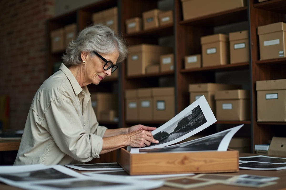 Photographe femme d'âge mûr examinant des tirages argentiques dans son studio d'archives personnel, entourée de boîtes de conservation et de planches contact
