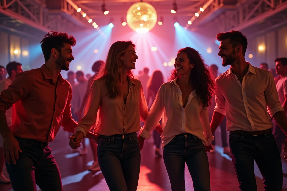 Groupe de jeunes adultes dansant avec enthousiasme sur la piste d'un club tendance de Lille lors d'une soirée musicale