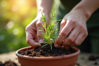 Mains plantant du romarin dans un pot ensoleillé