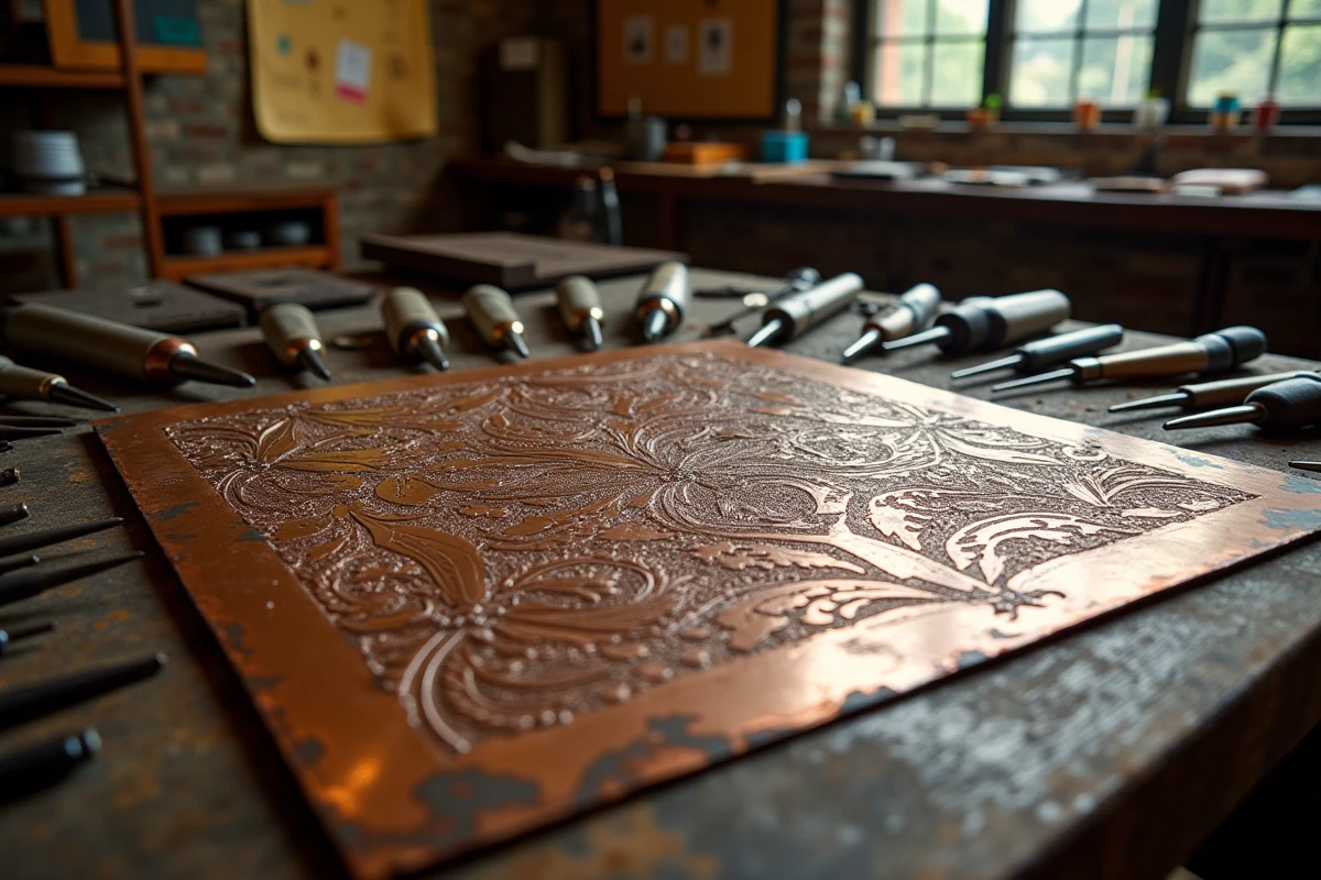 Plaque de gravure en cuivre avec motifs en tessellation inspirés des illusions optiques d'Escher sur une table d'atelier