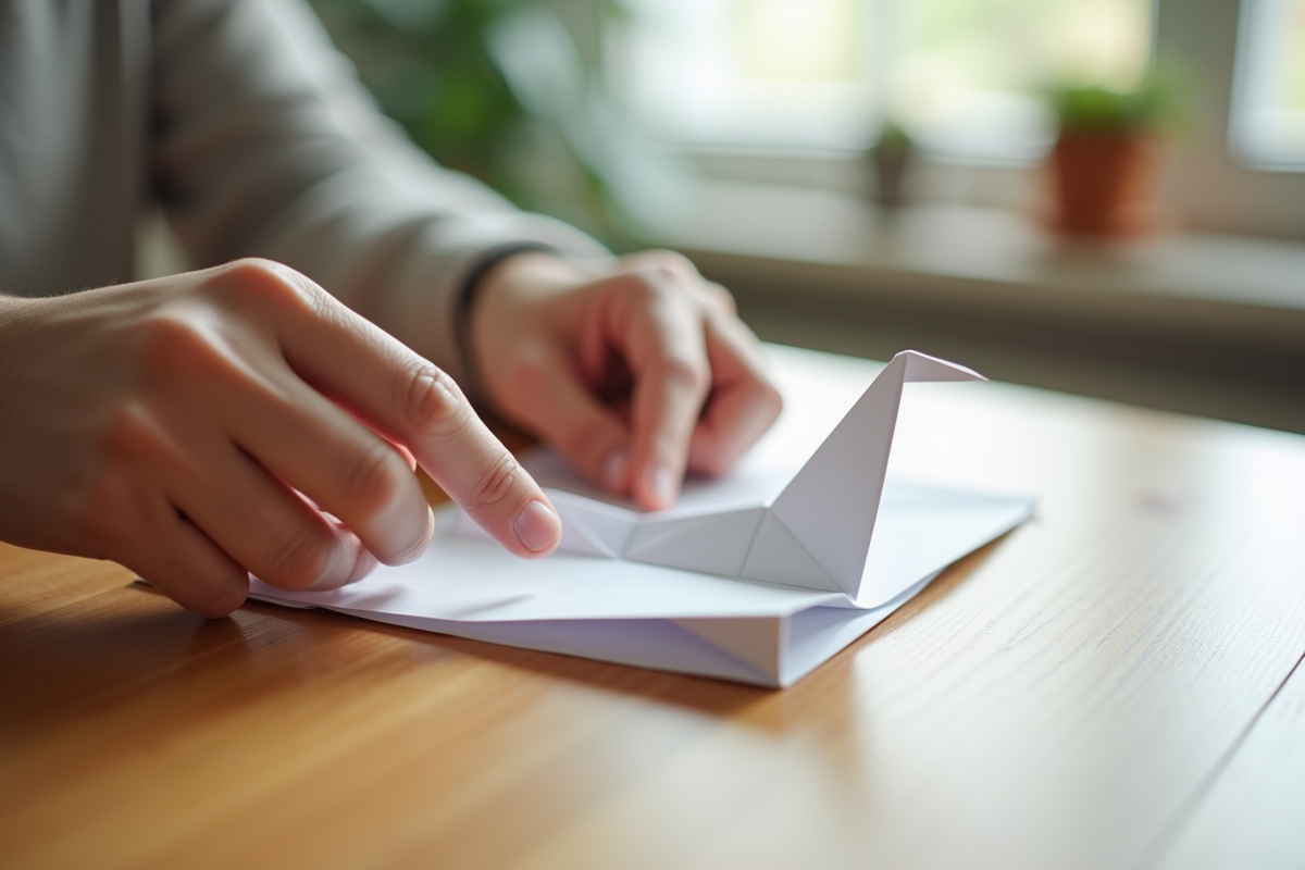 Mains pliant un avion en papier blanc sur une table en bois