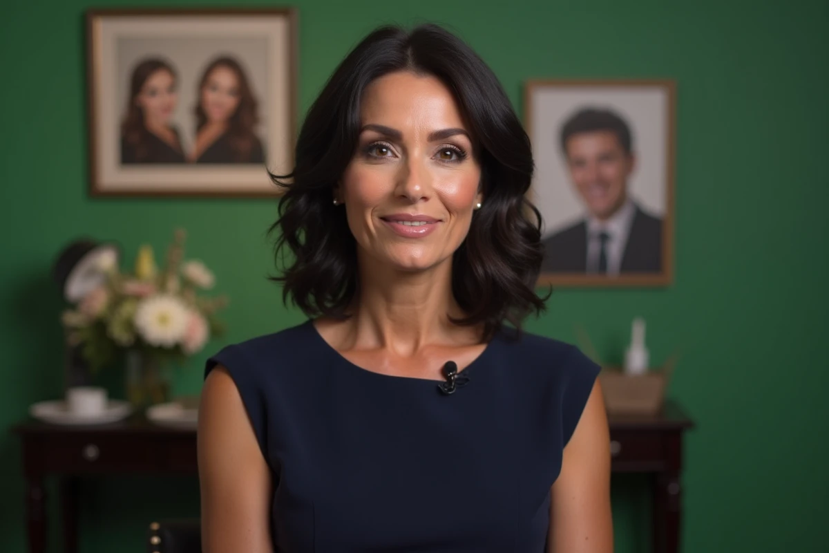 Portrait de femme confiante dans les coulisses d'un studio de télévision, personnalité liée au monde médiatique français
