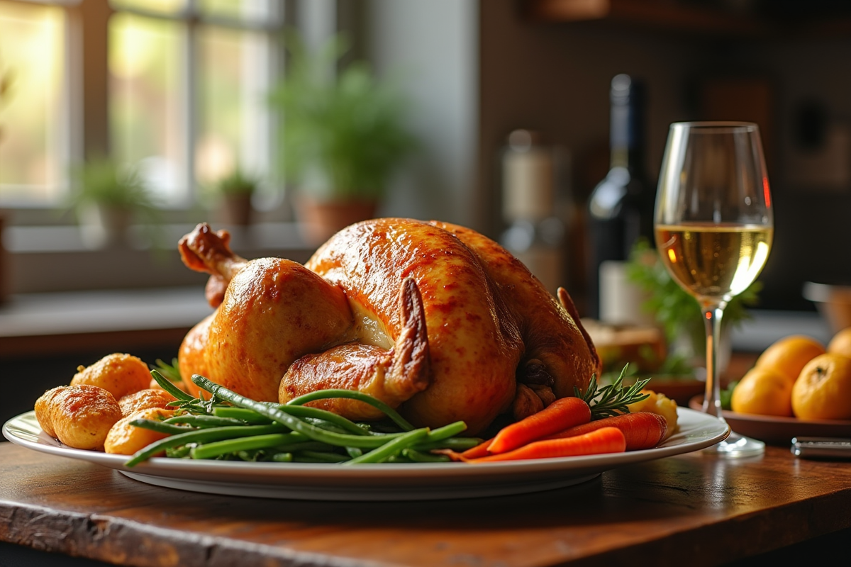Poulet rôti rustique sur une table en bois avec légumes