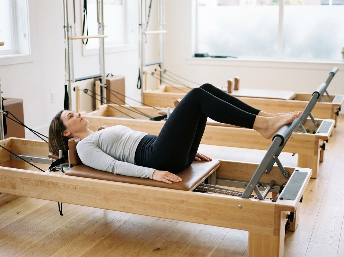 Femme réalisant un exercice de leg press sur un Reformer Pilates dans un studio élégant au design épuré style parisien