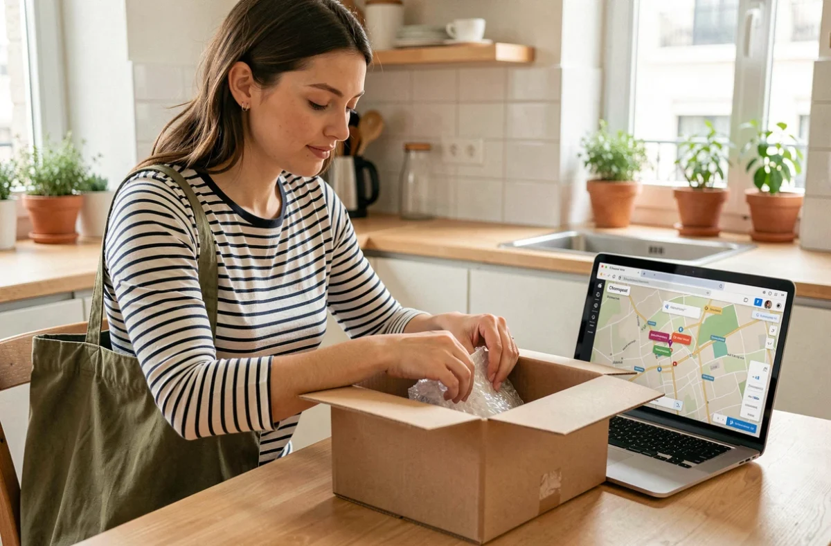 Jeune femme préparant un colis à expédier via Chronopost avec une carte interactive sur son ordinateur