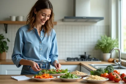 Jeune femme pr&eacute;parant une salade color&eacute;e dans une cuisine lumineuse