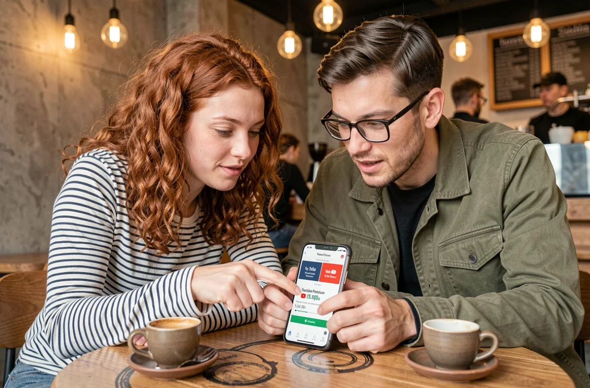 Deux amis comparant les prix YouTube Premium et YouTube Premium Lite sur smartphone dans un café