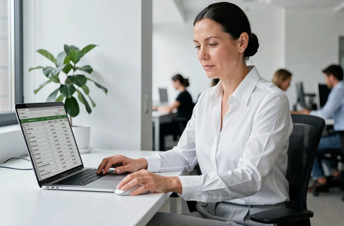 Professionnelle en bureau consultant un tableau de conversion litres m3 sur ordinateur pour un devis