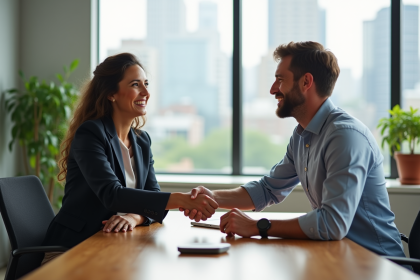 Deux professionnels souriants se serrant la main dans un bureau moderne