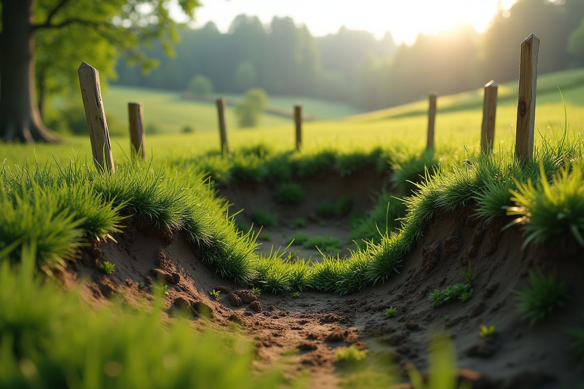 Racines vertes partiellement effondrées dans une dépression en pente