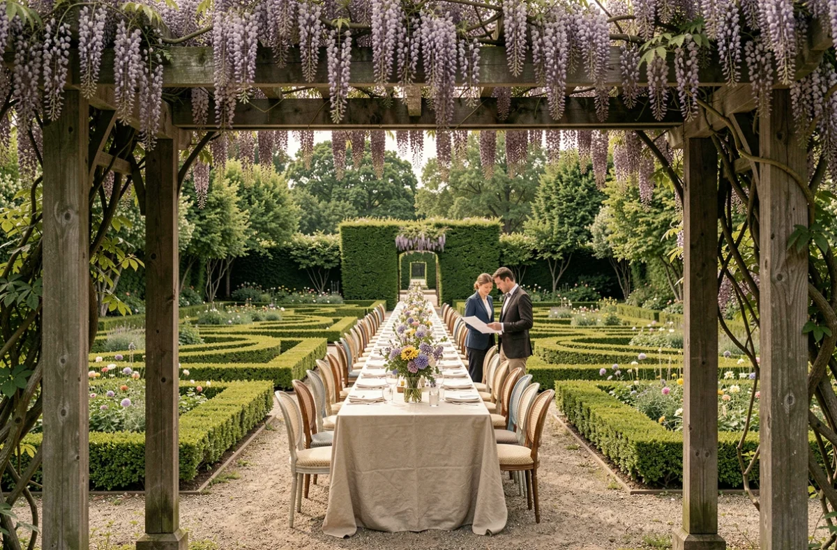 Réception Côté Jardin, pergola ornée de glycines et jardin à la française avec tables vintage dressées pour un événement en plein air