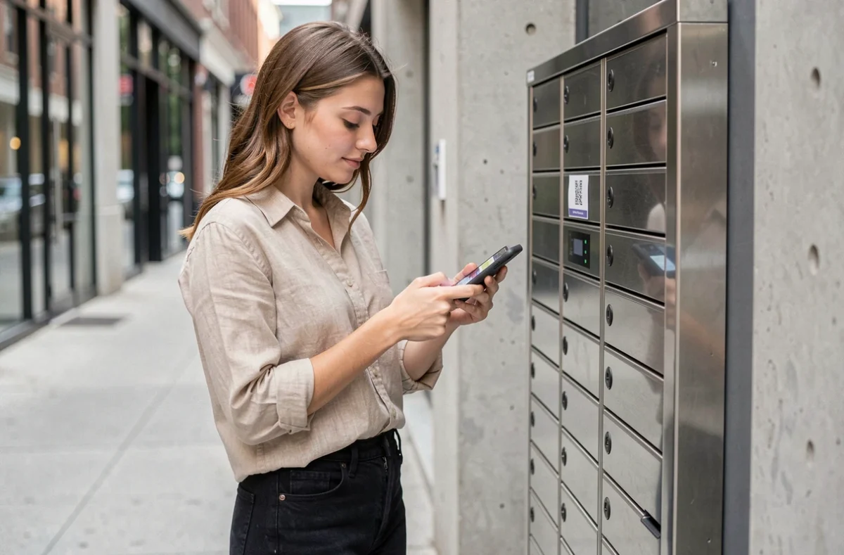 Jeune femme récupérant un colis Vinted dans une consigne automatique en ville avec son smartphone