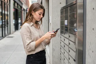 Jeune femme récupérant un colis Vinted dans une consigne automatique en ville avec son smartphone