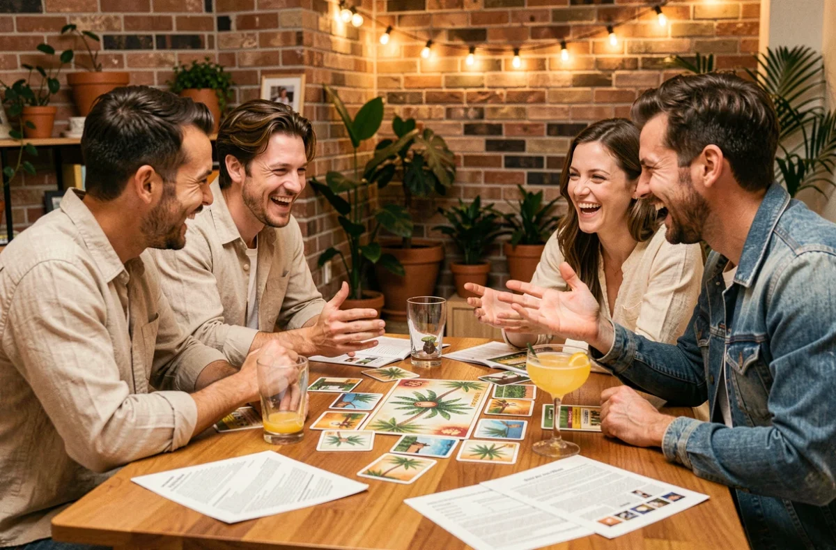 Groupe d'amis autour d'une table expliquant les règles d'un jeu de soirée avec des cartes et des verres