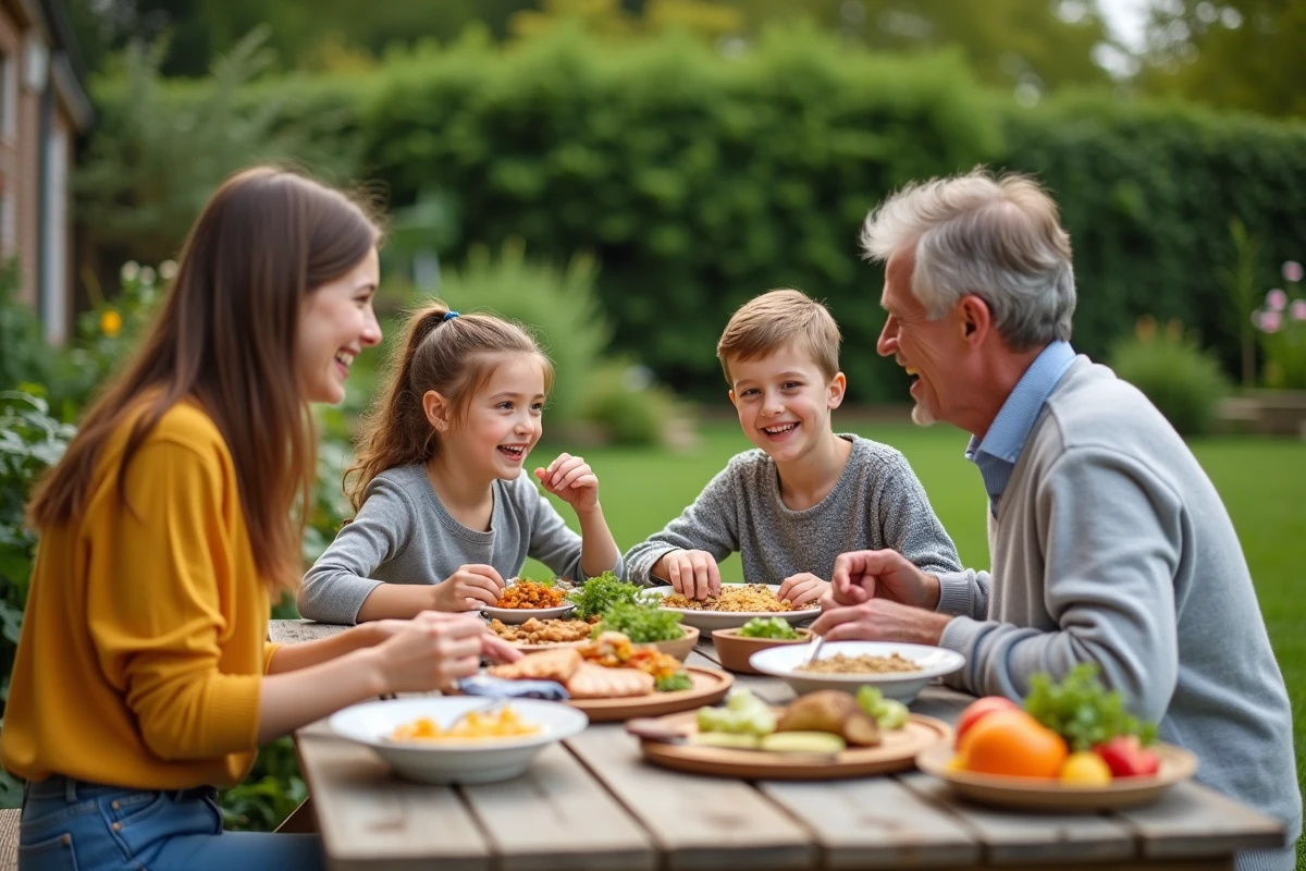 Famille profitant d un repas équilibré en plein air dans le jardin