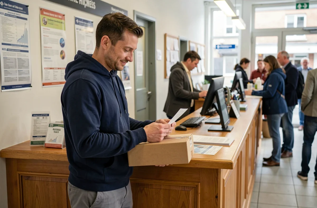 Homme récupérant un colis Vinted au guichet d'un bureau de poste avec un avis de passage