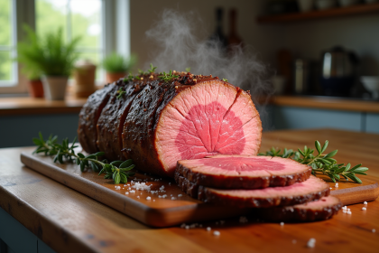 Rôti de bœuf rosé tranché sur planche en bois