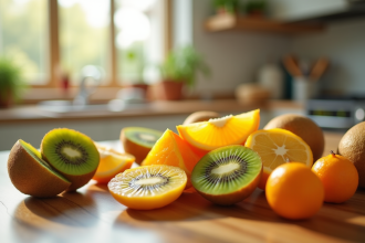 Salade de fruits avec kiwis et kumquats tranchés