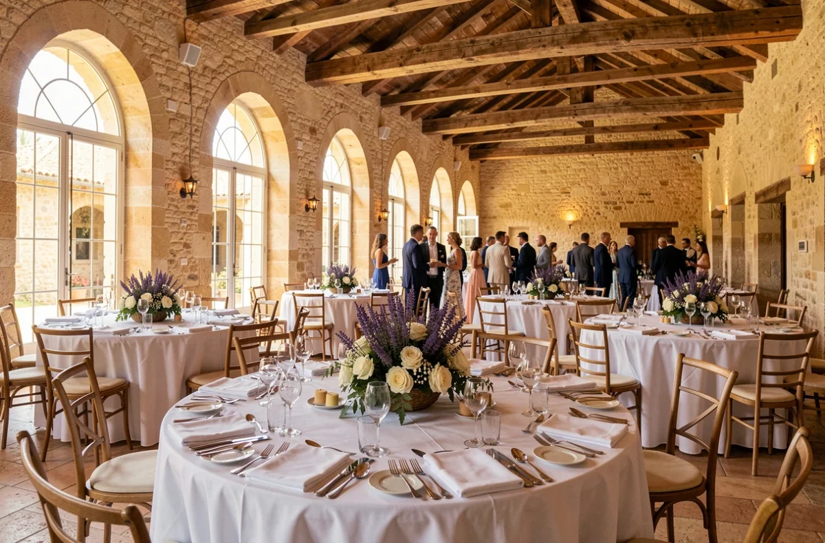 Vue panoramique d'une salle de réception élégante dans les Bouches-du-Rhône, tables dressées pour un événement, architecture provençale