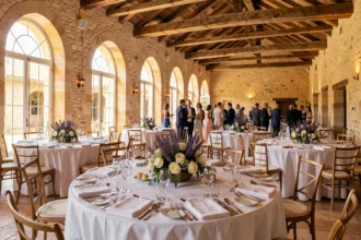 Vue panoramique d'une salle de réception élégante dans les Bouches-du-Rhône, tables dressées pour un événement, architecture provençale