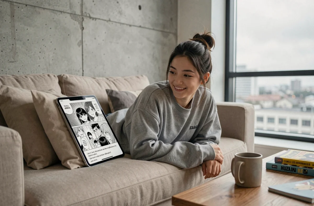 Jeune femme lisant un scan manga VF en français sur tablette confortablement installée dans un salon moderne