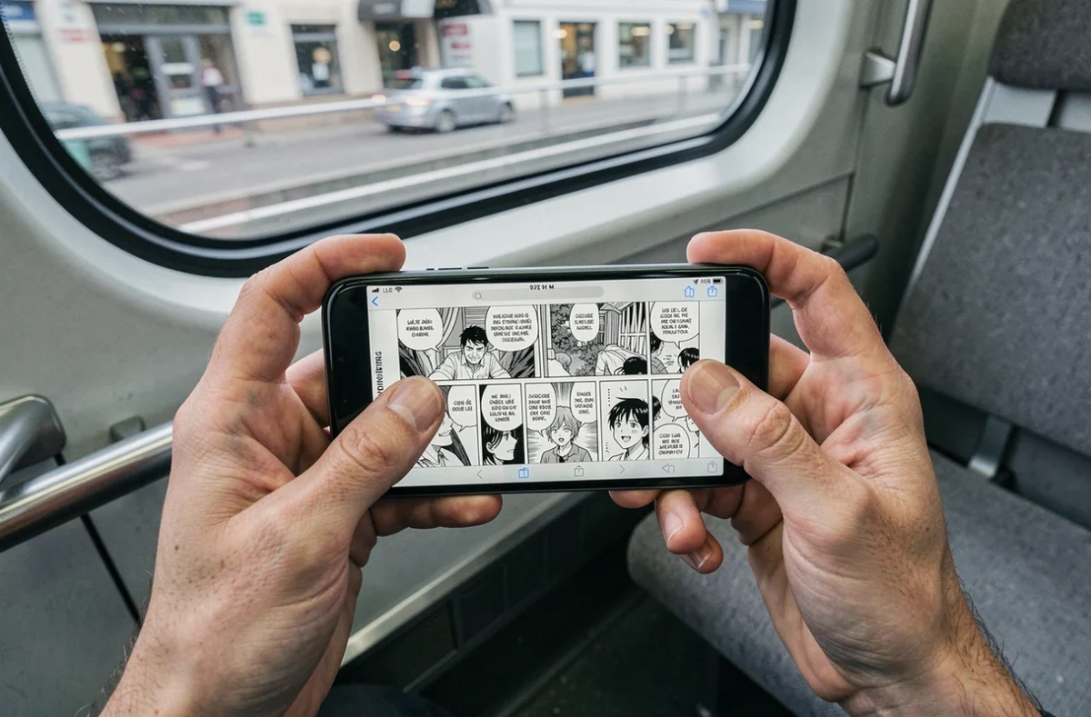 Gros plan sur des mains tenant un smartphone affichant un scan manga VF dans un train en milieu urbain