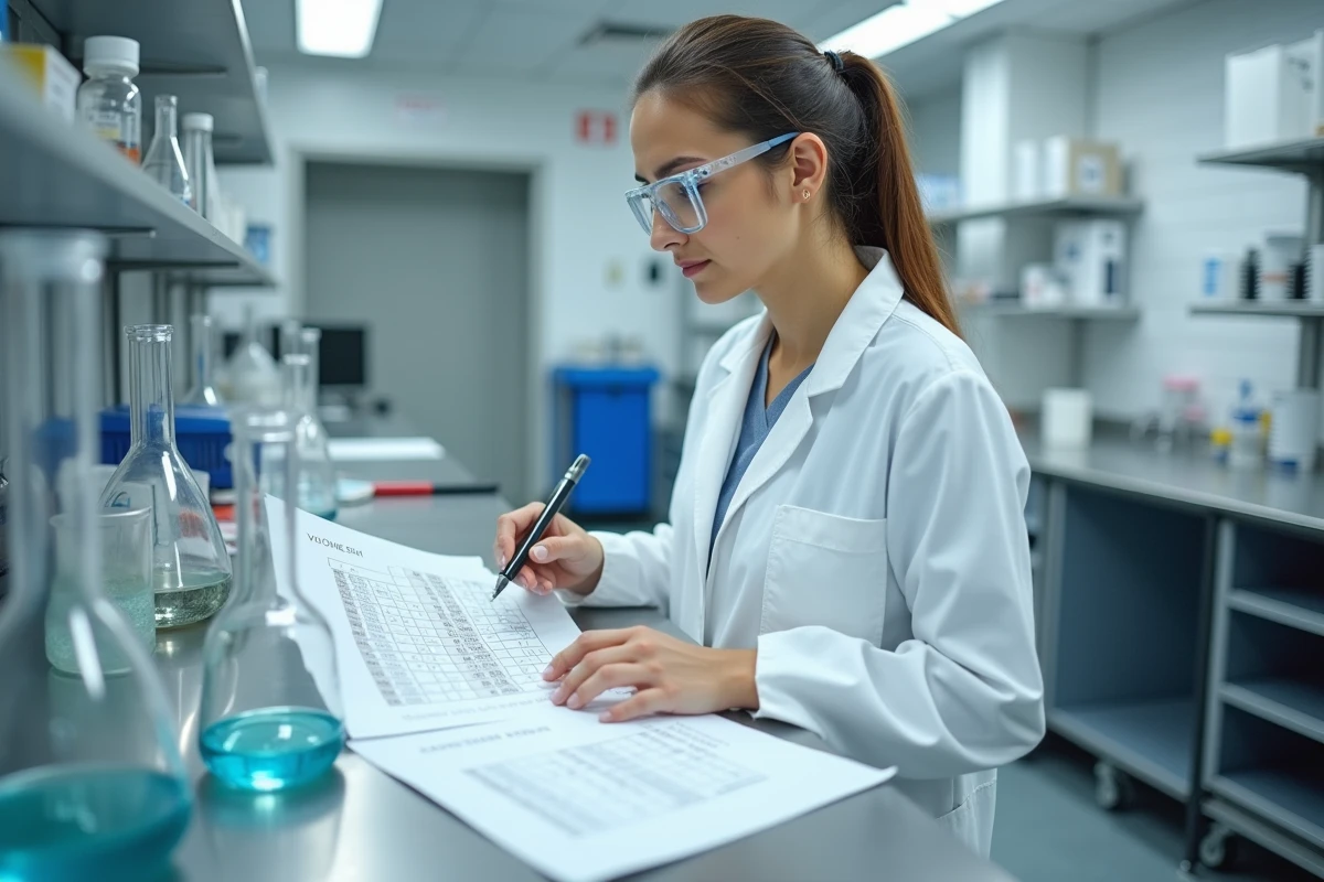 Scientifique en laboratoire annotant une fiche de conversion de volumes en litres et mètres cubes