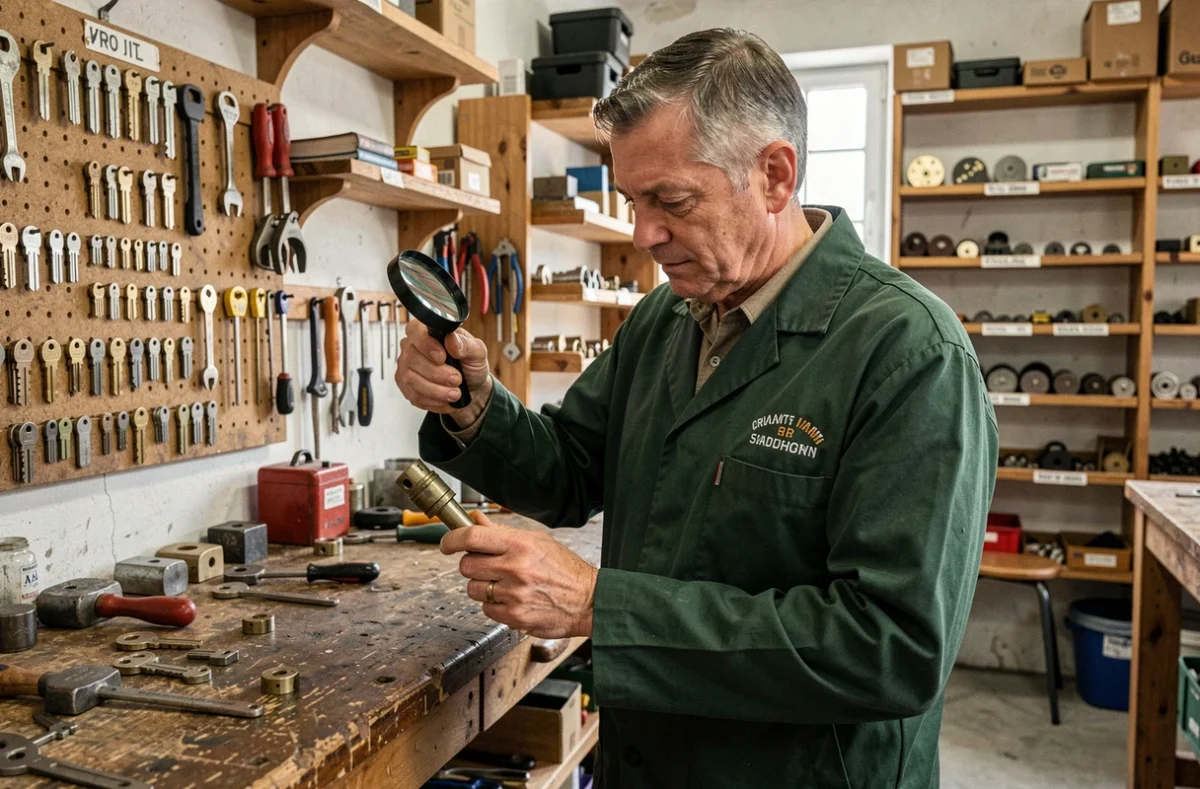 Serrurier Victor H examinant un cylindre de serrure vintage dans son atelier artisanal