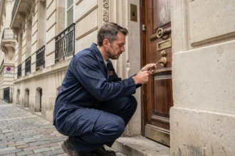 Serrurier professionnel devant une porte d'immeuble haussmannien à Boulogne-Billancourt