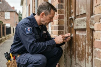 Serrurier professionnel en intervention d'urgence sur une porte résidentielle en Moselle