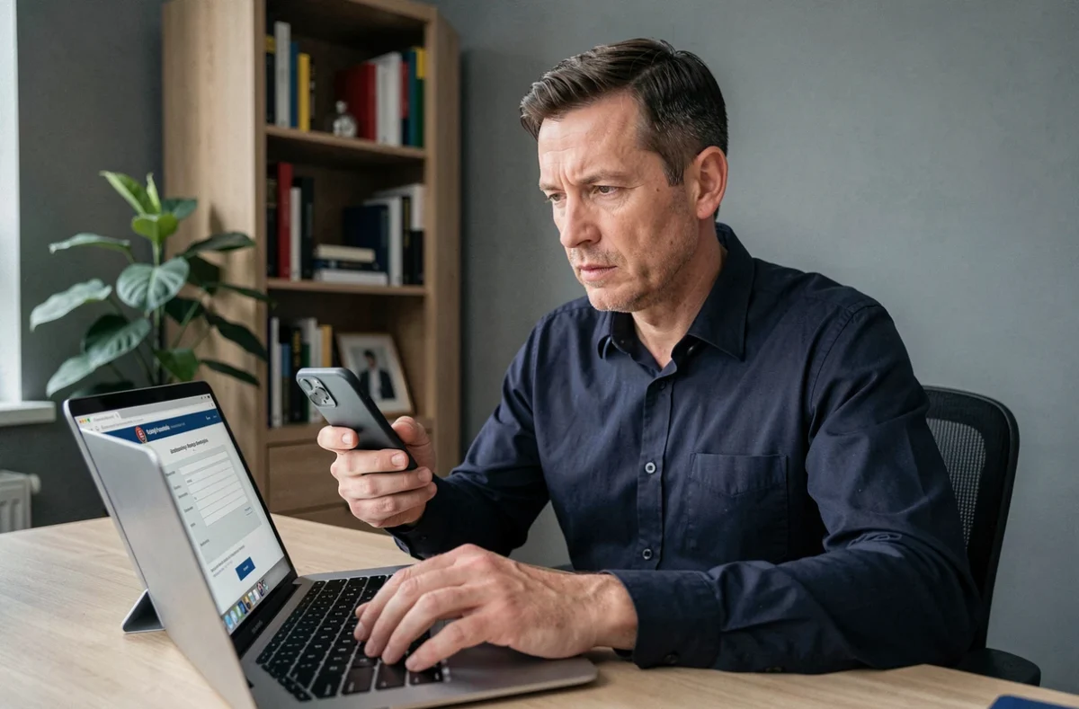 Homme signalant un numéro de téléphone harceleur aux autorités via un formulaire en ligne sur ordinateur portable