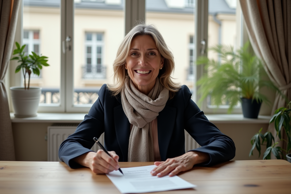 Femme signant un contrat immobilier dans un appartement