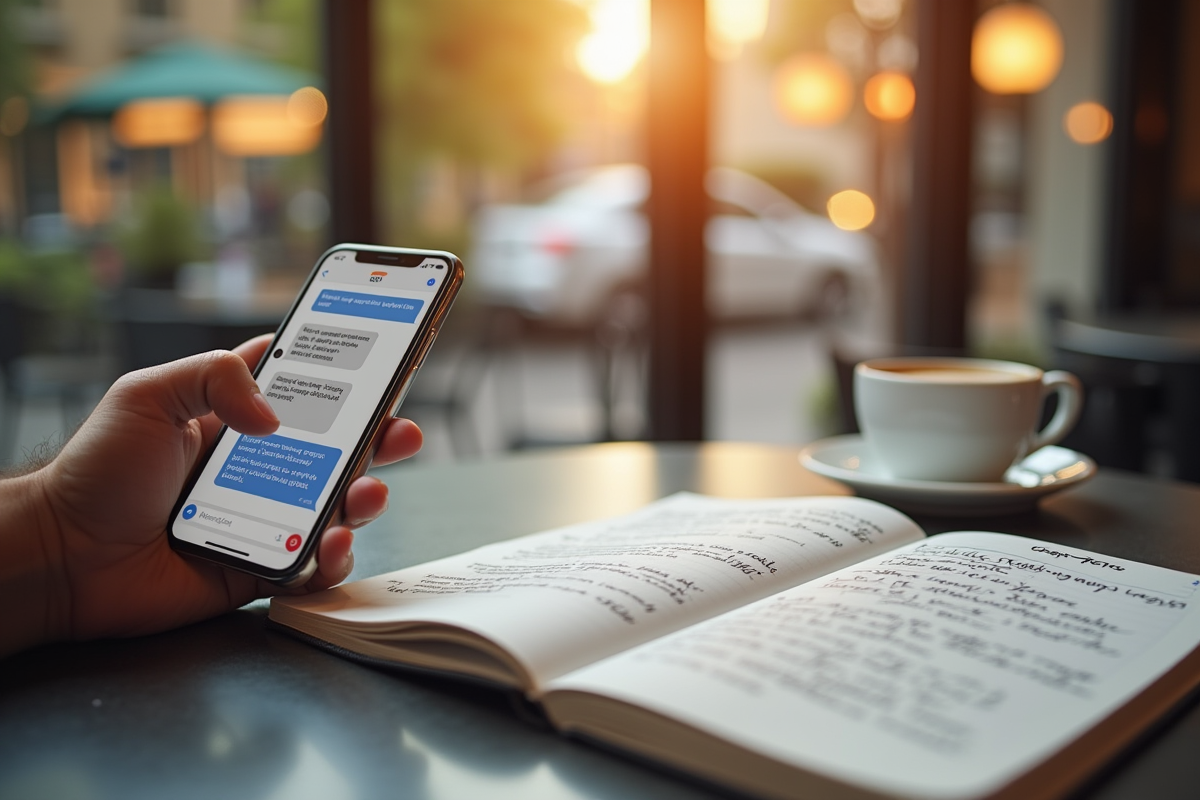 Smartphone avec conversation chatgpt et carnet seo en cafe