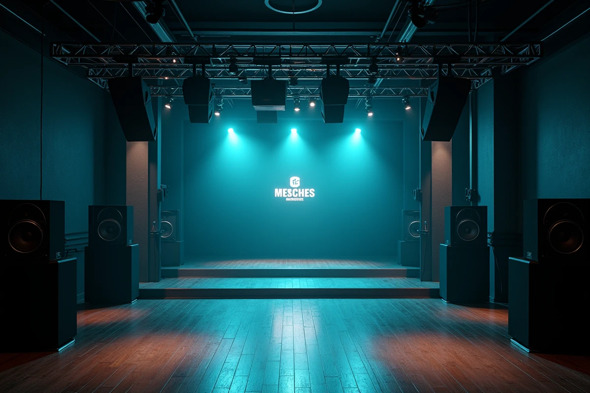 Installation de sonorisation professionnelle avec enceintes et caissons de basse sur scène dans un club de Lille avant une soirée